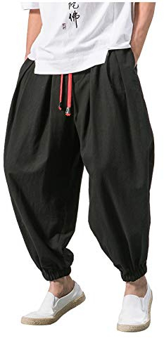 Streetwear Haremshose für Herren, Japanischer Stil, Lässige Hose, Jogger, Chinesische Baggy-Hose, Hippie, Yoga, Ballon-Bloomer, Laufhose, Schwarz, M