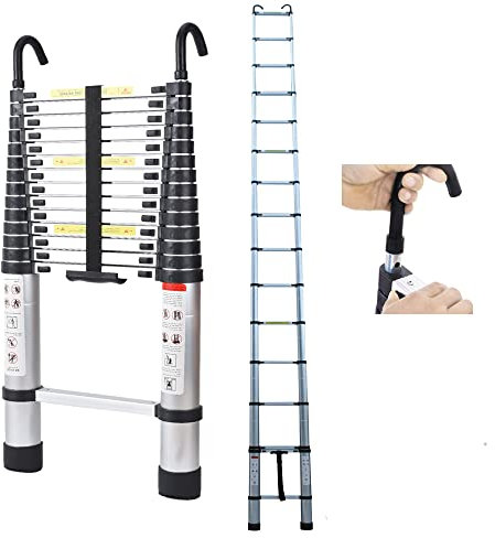 6.2m Aluminum Telescoping Ladder Folding Portable High Ladder & Roof Hook Capacity Max 150kg/330lb with EN131 For Outdoor & Indoor Use (Silver)
