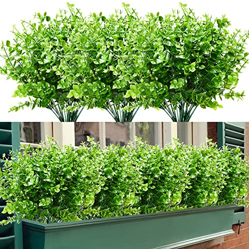 TEMCHY 8 Bündel künstliche Buchsbaum-Stiele für den Außenbereich, künstliche UV-beständige Grünpflanzen, für Bauernhaus, Haus, Garten, Büro, Terrasse, Hochzeitsdekoration