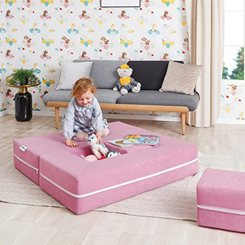 INNOCENT KIDOO® Kindersofa 4-in-1-Sofa Pink | Kletter- und Krabbel-Set | Aktivitätsspielblöcke für Sofa, Matratze | Ausklappbare Liege |4-teiliges leichtes buntes interaktives Baby Spiel Set
