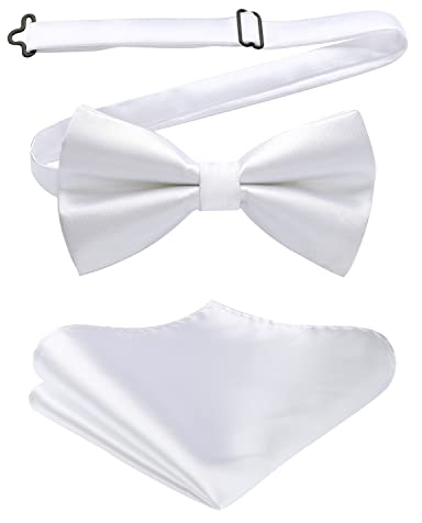 HISDERN Bow Tie for Men Wedding Pre-tied White Bow Tie and Pocket Square Set with Elastic Strap Elegant Bowtie for Texudo Formal Business