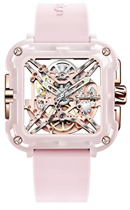 CIGA Design Automatik Uhr Damen - X Serie Machina SUV Armbanduhr aus Keramik Modestil Quadratisch Mechanische Skelettuhr Saphirglas mit Geschenkkarton und Silikonarmband(Rosa)