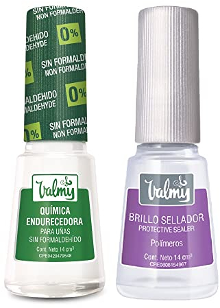 VALMY Pack Tratamiento Fortalecedor de Uñas: Química Endurecedora + Top Coat Brillo Sellador, Esmaltes Protectores y Endurecedores, Ideal para Uñas Frágiles, 14 ml c/u (2 unidades)