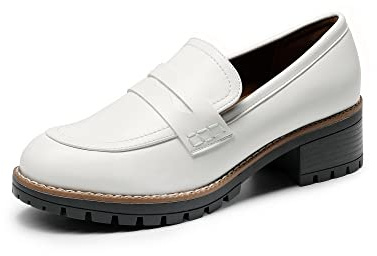 DREAM PAIRS Womens Moccasin Loafers, Slip On Platform Chunky Penny Heeled Loafers for Women Dressy and Work, Womens Business Casual Shoes,Size 8,White-Pu,SDLS2319W