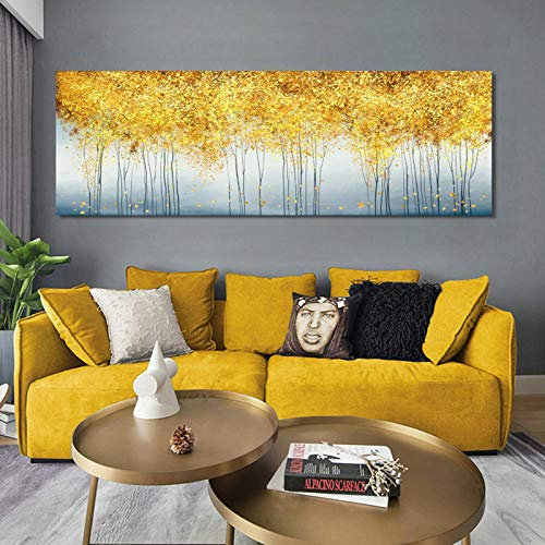 KADING Abstrakte Malerei auf Leinwand, Poster und Drucke, Wandkunst, Gemälde, goldene Geldbäume, Bilder für Wohnzimmer, Wanddekoration, 80 x 190 cm (32 x 75 Zoll), Innenrahmen