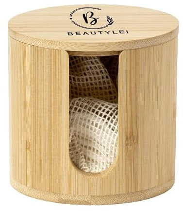 BEAUTYLEI | DISPENSER CONTENTITORE DISCHETTI STRUCCANTI BAMBOO, CON N. 10 SALVIETTE IN COTONE LAVABILI BAMBU
