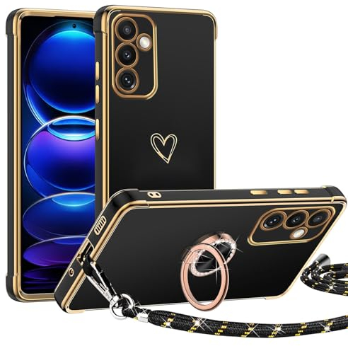 Coque avec Cordon pour Samsung Galaxy A14 4G/5G, Coeur Motif Étui avec 360 Rotatif Anneau Support TPU Souple Silicone Housse Amovible Collier Téléphone Portable Lanyard Case, Noir
