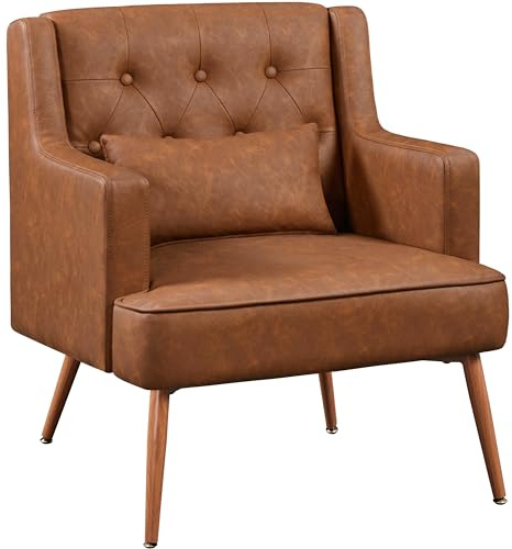 Yaheetech Accent Chair, Living Room Chair Mid Century PU Leather Armchair Lumbar Pillow, Comfy Upholstered Reading Chair Wood Leg Bedroom Lounge Brown
