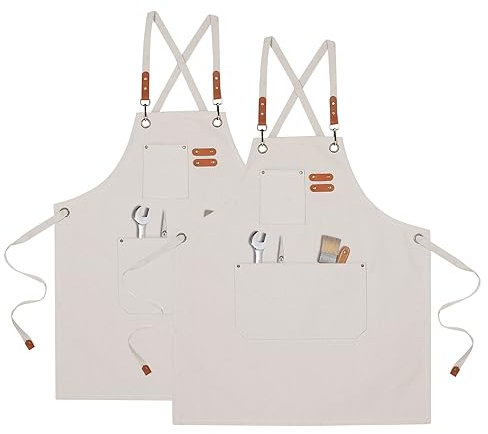 QUARKZMAN 2uds Chef Delantal para Hombres y Mujeres con Grandes Bolsillos, Algodón Lona Cruzada Espalda Delantales para Cocina Cocina Arte Pintura, para Talla M a XXL, Beige