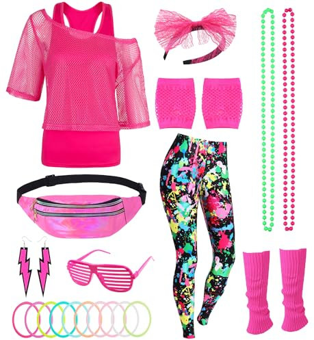 80er 90er Jahre Outfit Damen Netzshirt, Tank top, Leggins, Netzhandschuhe, Bauchtasche, Haarband, Ohrring, Armband, Halskette, 80iger Kostüm Zubehör Neon Kleidung 80s Aerobic Bad Taste Outfit FR039L