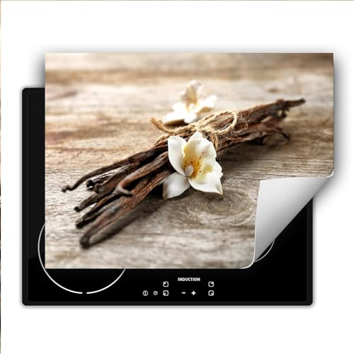 TMK ArtDeko Herdabdeckplatte 1 teilig 80x52 cm Küche Herdabdeckung Ceranfeld Herdabdeckplatten Anti Rutsch Matte Aufrollbar, Blume Holz