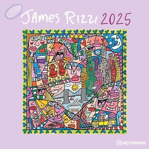 N NEUMANNVERLAGE - James Rizzi 2025 Broschürenkalender, 30x30cm, Wandkalender mit Abbildungen von James Rizzi, Mondphasen, viel Platz für Notizen und internationale Feiertage/Kalendarium