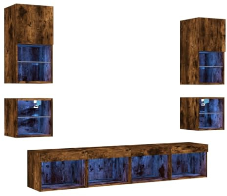 vidaXL Wohnwand 8-TLG., Schrankwand mit viel Stauraum, Anbauwand mit LED-Beleuchtung, Wandmontage Fernsehschrank Wohnzimmer Set, Räuchereiche Holzwerkstoff