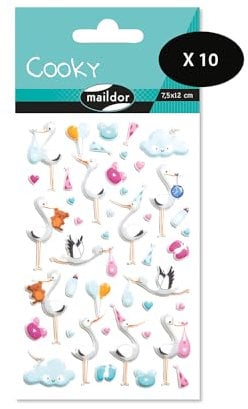 Maildor CY108Cpack - Packung mit 10 Bögen 3D Sticker Cooky - Aufkleber, 7,5x12cm, Geburt - Storch, 410 Stickers, 1 Pack