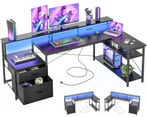 BEXEVUE Escritorio Esquinero LED Tomas Corriente - 165x80cm Ergonómico Escritorio Forma L, 2 Cajones Estantes Reversibles, Grande Soporte Monitor, Mesa Escritura Estudio Juego Trabajo Oficina Hogar
