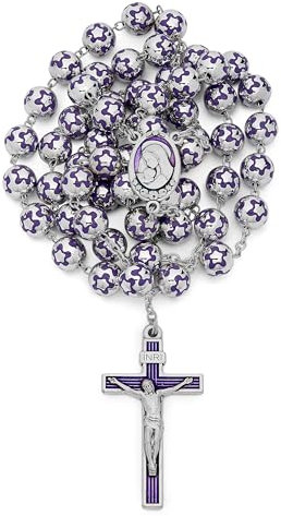 Mondo Cattolico - Rosario Católico del Sagrado Corazón de Jesús con Cuentas de Plata 925 Decoradas con Flores (Morado)