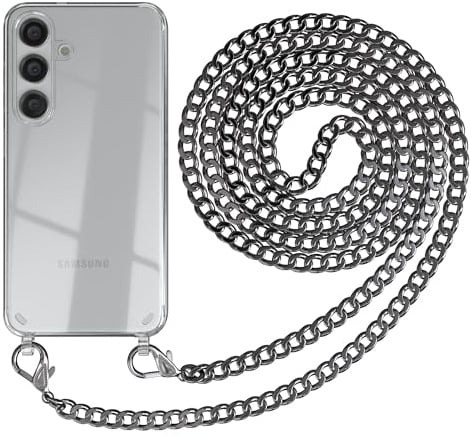 EAZY CASE Handykette kompatibel mit Samsung Galaxy S24 Handyhülle mit Metall Umhängeband und Ersatz Kordel schwarz, Handykordel mit Schutzhülle, Kette mit Smartphone Hülle, Metall – Anthrazit
