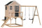 Wendi Toys M27G-K Kinderspielhaus Outdoor Holz mit Küche & Doppelschaukel, 192 x 405 x 242 cm, Grau – Kreatives Garten-Spielhaus für Kinder mit Spielküche, perfekt für den Außenbereich