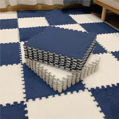 KLYso 16sq.ft Fluffy Playmats Crawling Area Rugs 16 Piece Square Plush Puzzle Foam Floor Mat,12x12x0.4in Thickened Interlocking Carpet Tiles(White+Navy Blue)