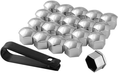 JJNIENUS 20 Pièces Voiture Cache Écrous pour Tiguan 2017-2023, Capuchons de Ecrou Hexagonal Boulon Couvercle Antipoussière Protecteurs décorative avec Outils Suppression,B/Silver-21mm