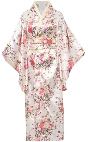 BPURB Bata kimono tradicional japonesa para mujer, vestido de geisha yukata, bata de baño de satén con flores