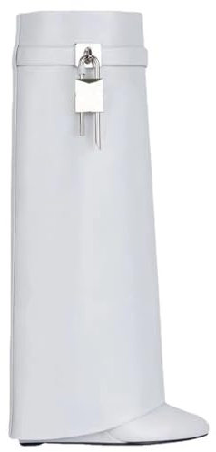 LIUHD Stivali da Donna con Risvolto, Stivali con Tacco Alto in Pelle di Vacchetta con Polpaccio Largo Zeppa Punta Tonda Stivali Alti con Lucchetto Scarpe da Festa,Gray,34