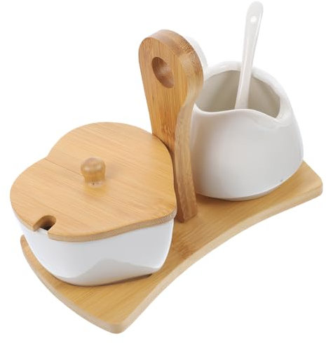 MAGICLULU Ceramic Sugar Bowl and Milk Jug Set with Bamboo Handle and Spoon Porcelain Creamer Set with Tray White Ceramic Sugar Jar for Home