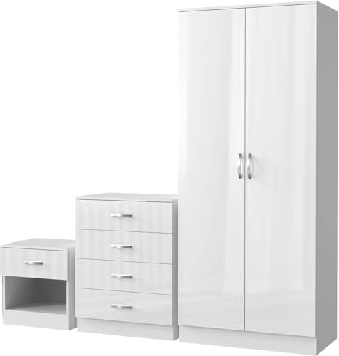 High Gloss Bedroom Furniture Set 2 Door Wardrobe 4-Drawer Chest Bedside Cabinet & 4 Piece Set Gloss Finish 3-4 Door Mirror Wardrobe Bedroom Storage (White Gloss, 3 Piece Bedroom Furniture Set)