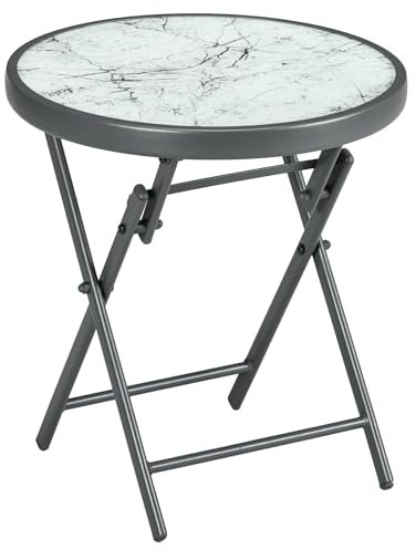 Outsunny Beistelltisch klappbar, Klapptisch aus Glas mit Marmoroptik, Kleiner Campingtisch, runder Sofatisch Balkontisch für Balkon Terrasse Wohnzimmer Büro, 45 x 45 x 50 cm, Weiß
