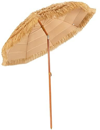 FANTASK Sombrilla de 175 cm, plegable en 30 ° por ambos lados, sombrilla de playa hawaiana, sombrilla de paja de arroz, sombrilla de paja para balcón, jardín, terraza, playa (amarillo)