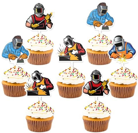 24Pcs Welder Cupcake Toppers Electric Welding Party Decorations Welding Cupcake Picks Double Sided Printing Cake Decorations for Electric Welder Birthday Retirement Party Supplies