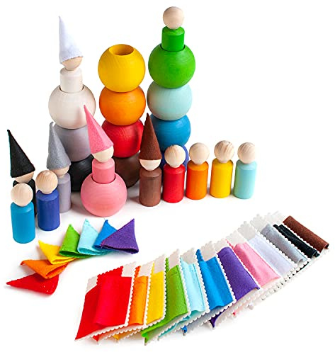 Ulanik Kleine Steckpuppen in Kugeln mit Hüte und Betten Montessori Spielzeug ab 3 Jahre + Baby Waldorf Puppen Holzspiele zum Sortieren Farben Lernen — 12 Zwerge (2 Edition)