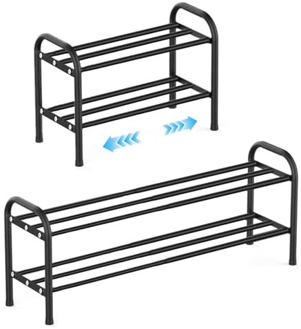 Kongming Schuhregal Metall Schwarz, Schuhregal Ausziehbar Schmal, Schuhaufbewahrung Platzsparend Schuhablage Verstellbarer 43 to 78cm breit für Schrank, Eingang, Diele, Flur (2 Etagen)