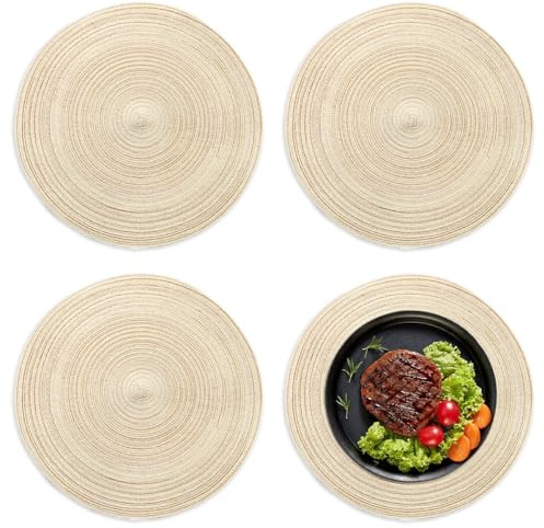 4 Stück Tischset Rund Geflochten, 30 cm Tischset Platzset Rund, Runde Tischsets Platzsets Abwaschbar, rutschfest Abgrifffeste, für Küche Speisetisch, Party Dekor, Hochzeitsfeier, Hotel (Beige)