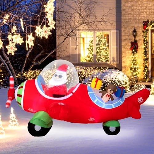 COSTWAY 220 cm Aufblasbarer Weihnachtsmann im Flugzeug, Weihnachtsdeko mit Geschenkbox & LED-Lichtern, beleuchtete Weihnachtsbeleuchtung aus Poylester, Weihnachtsdekoration für Hof, Garten, Rasen