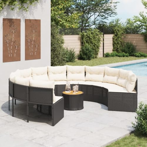 Mandloder Rundes Gartensofa mit Tisch und Kissen, Schwarz Poly-Rattan, 287 cm Durchmesser, UV-beständig, wetterfestes Loungeset für Terrasse, Balkon