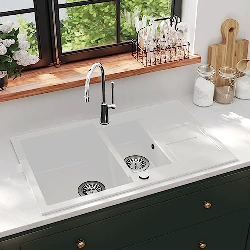 Refined Granitspüle Doppelbecken Kratzfest Küchenspüle Einbauspüle Spülbecken Spüle Küche Waschbecken Küchenbecken Auflagespüle Granit Weiß