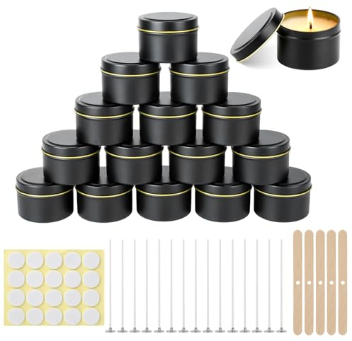 HOCUCHELAND 15 Stück Kerzendosen, 120ml Runde Kerzenbehälter, Kerzenbecher mit Kerzenherstellung Zubehör, Kerzengläser mit Deckel für Kerzen Selber Machen Set, Schmuck, Kosmetik (Schwarz) ﻿