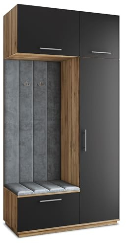 Masseno Flugarderoben Set Rema, Kleiderschrank-Set mit Sitzbank, Garderobenschrank Flur mit 5 Regalböden, Eiche Wotan/Schwarz