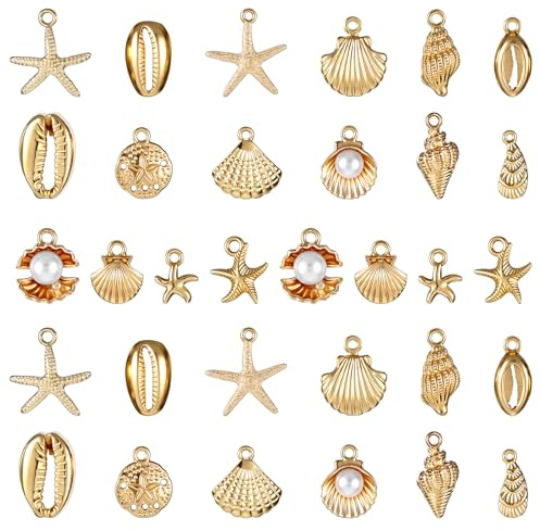32 Stück Charms Anhänger Muschel Seestern Schildkröten Anhänger Charm Armband Schmuckherstellung Zubehör Vergoldete Sommer Ozeananhänger Dekor für Halskette Armband Ohrringe DIY Schmuck Machen