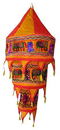 IB Indischer Lampenschirm Elefant Blume 75cm rot orange Baumwolle Dekolampe Orient Hängelampe