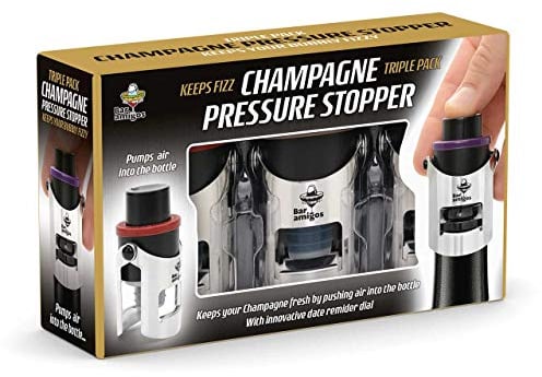 Bar Amigos® Triple Value Pack de 3 Champagne Pressure Stopper – Pression Bouchon Pour Bouteille de Champagne et Vin Pétillant Saver Pump Sealer Preserver Avec La Technologie Brevetée Et Innovante Rappel Date Commutateur Pour garder votre bouteille de vin mousseux frais pour 7 Jours Plus - 3 ans de garantie de satisfaction