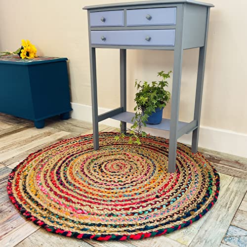 Second Nature Online Mishran umweltfreundlicher, runder geflochtener Teppich in Flacher Webart mit natürlicher Jute und mehrfarbigem, recyceltem Material - 90 cm Diameter