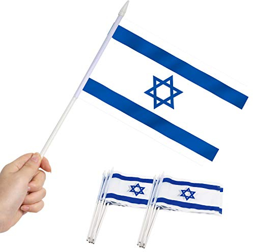 Anley Drapeau de bâton d'Israël, Israël 5x8 Pouces (12 X 20 cm) Mini Drapeau à Main avec Poteau Solide Blanc de 12 (30 cm) - Couleur vive et résistant à la décoloration - 5 x 8 Pouces