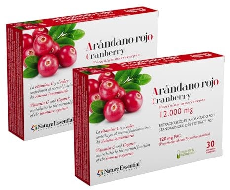 Nature Essential | Arándano Rojo 12.000 mg | 2 Unidades | 30 Cápsulas Vegetales | Ayuda a Reforzar el Sistema Inmune y la Salud del Tracto Urinario | Vitamina C y D-Manosa