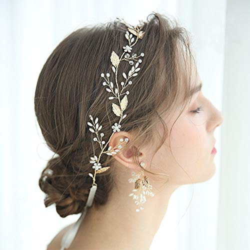 Anglacesmade Serre-tête de mariée en cristal et perles - Feuille dorée - Bijou fait à la main pour femme et fille