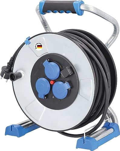 as - Schwabe Xperts Doppelrohr Metallkabeltrommel 40 m H07RN-F 3G2,5, IronCoat Schutzisolierung, 3 Schutzkontaktsteckdosen mit Klappdeckel, USB Port, Spannungsanzeige, IP44, Made in Germany, 23320