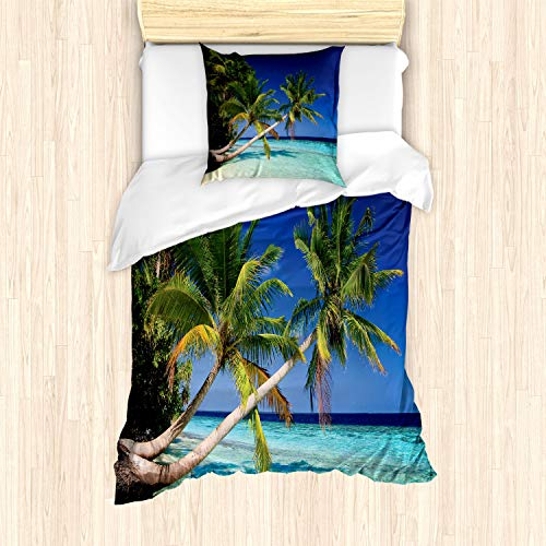 ABAKUHAUS Urlaub Bettbezug Set für Einzelbetten, Malediven Bay Resort, Milbensicher Allergiker geeignet mit Kissenbezug, Türkis Marineblau