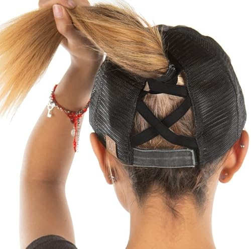 Funky Junque Criss Cross Mütze für Damen, Baseballkappe, Used-Look, Pferdeschwanz, unordentlicher Dutt, Trucker-Ponycap, Schwarz, Einheitsgröße