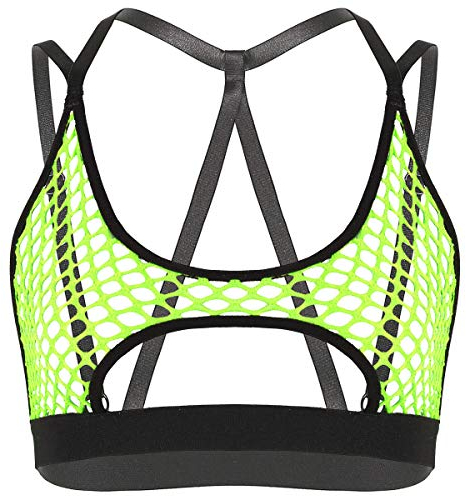 TiaoBug Damen Sexy Sport BH Strappy Bra Fischnetz Crop Top Sommer Bauchfreie Oberteile Ärmellos Weste Durchsichtig Dessous Clubwear Neon Grün S